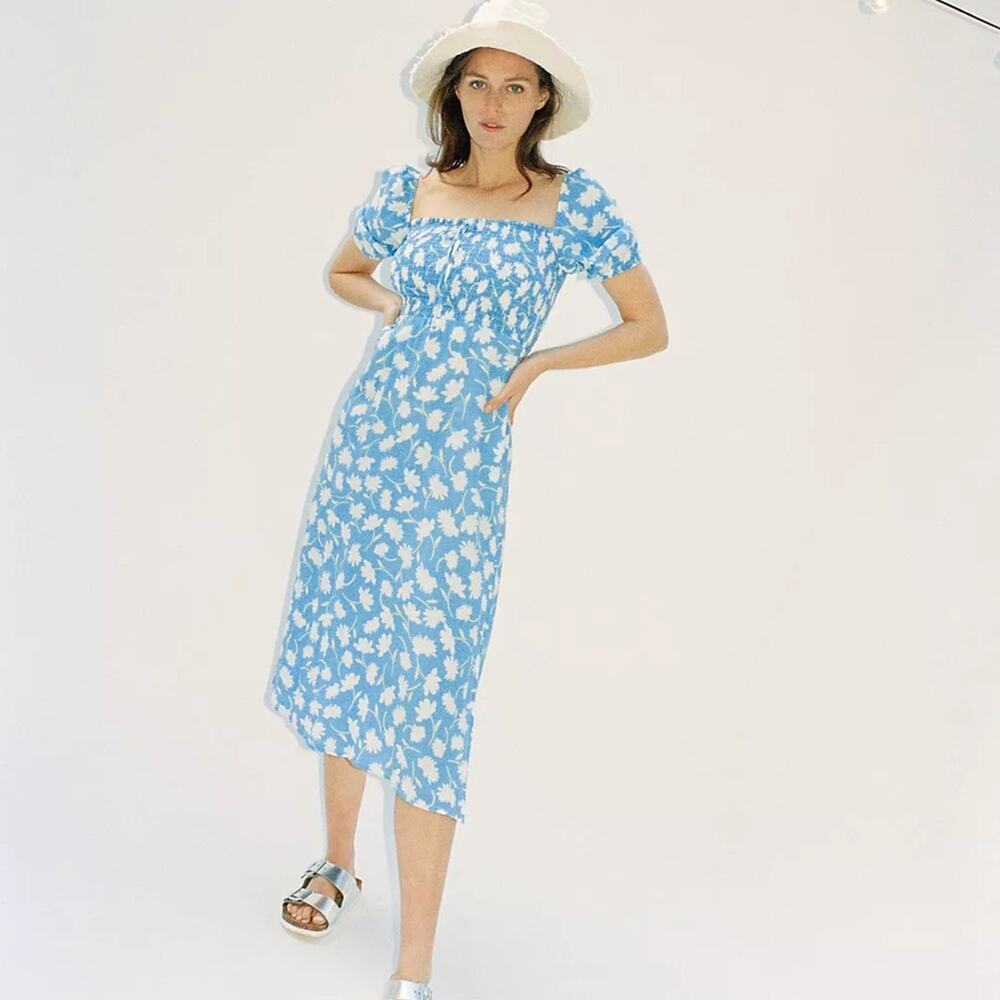 Faithfull the Brand | Women’s Blue Leyla Midi Dress Floral Puff Sleeve Anthro 4